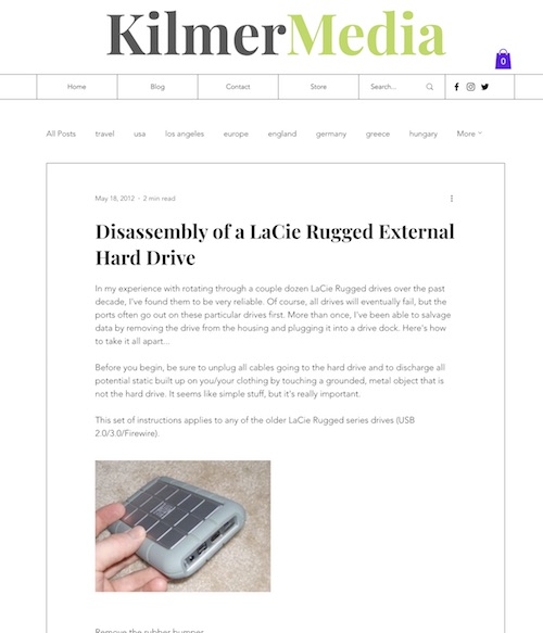 screenshot of a KilmerMedia post called "Tech How-to: Disassembly of a LaCie Rugged External Hard Drive"