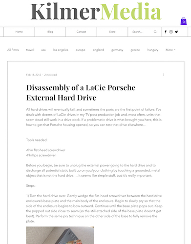 Screenshot of the post "Disassembly of a LaCie Porsche External Hard Drive", which has moved to kilmermedia.net