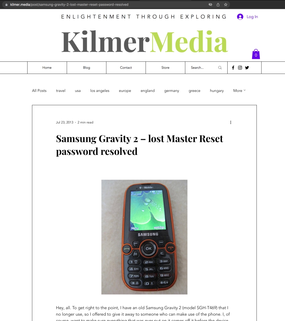 Screenshot for the "Samsung Gravity 2 - lost Master Reset password resolved" that has moved to kilmermedia.net