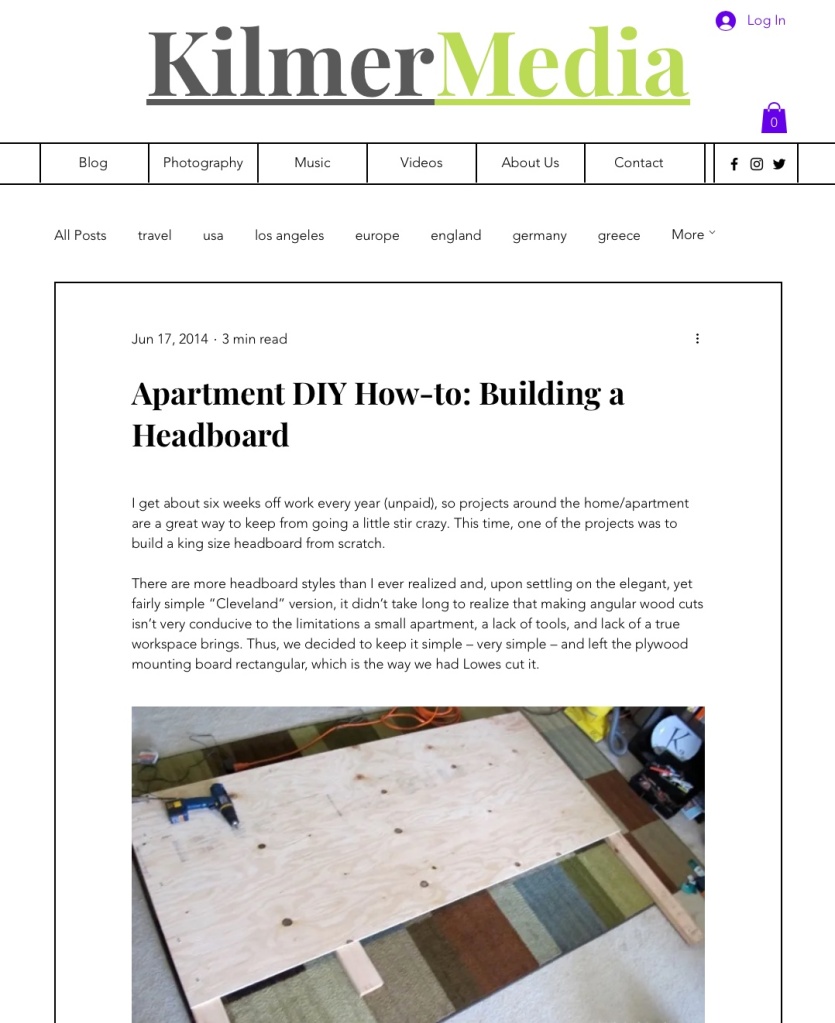 Screenshot of a post called "Apartment DIY How-to: Building a Budget Headboard" that has moved to kilmermedia.net