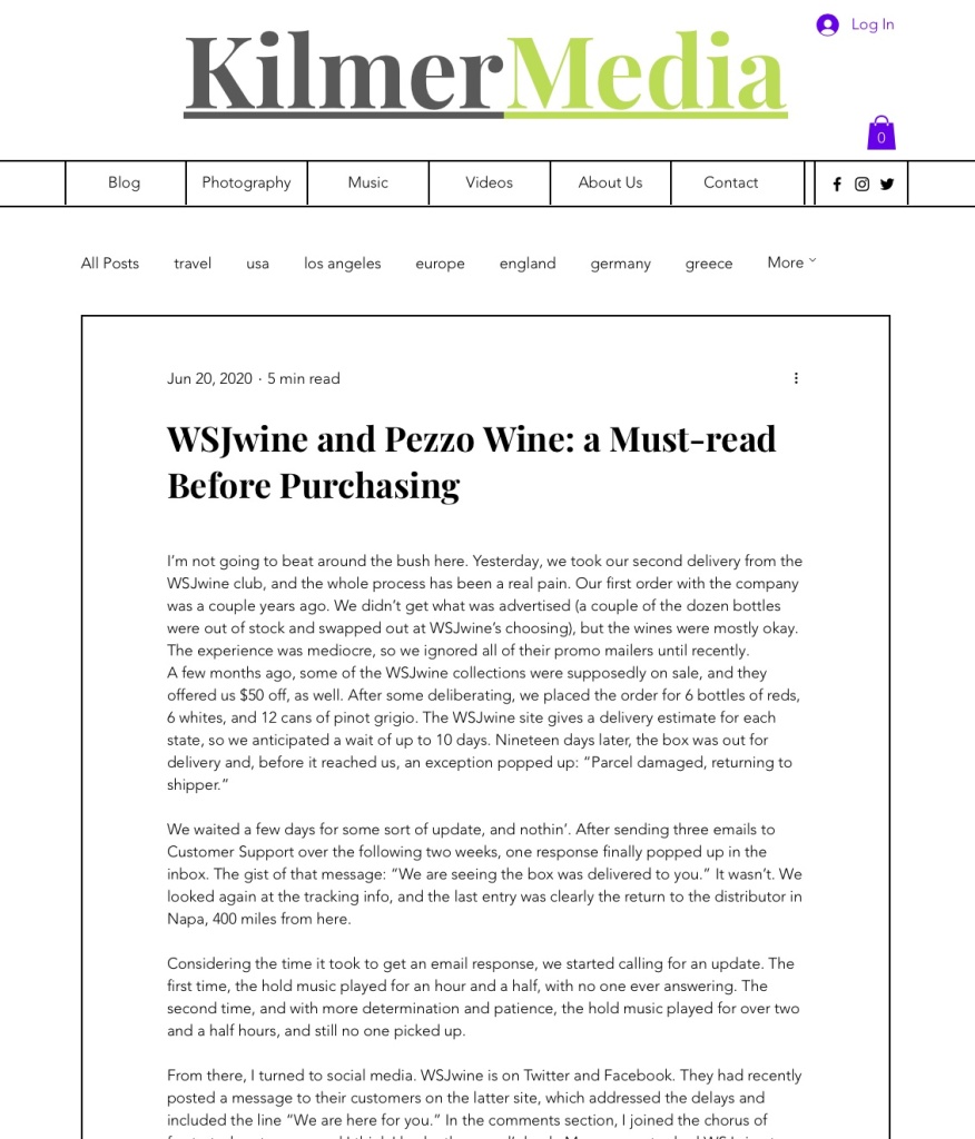 screenshot of a KilmerMedia post called "WSJwine Club and Pezzo Wine: a Must-read Before Purchasing"